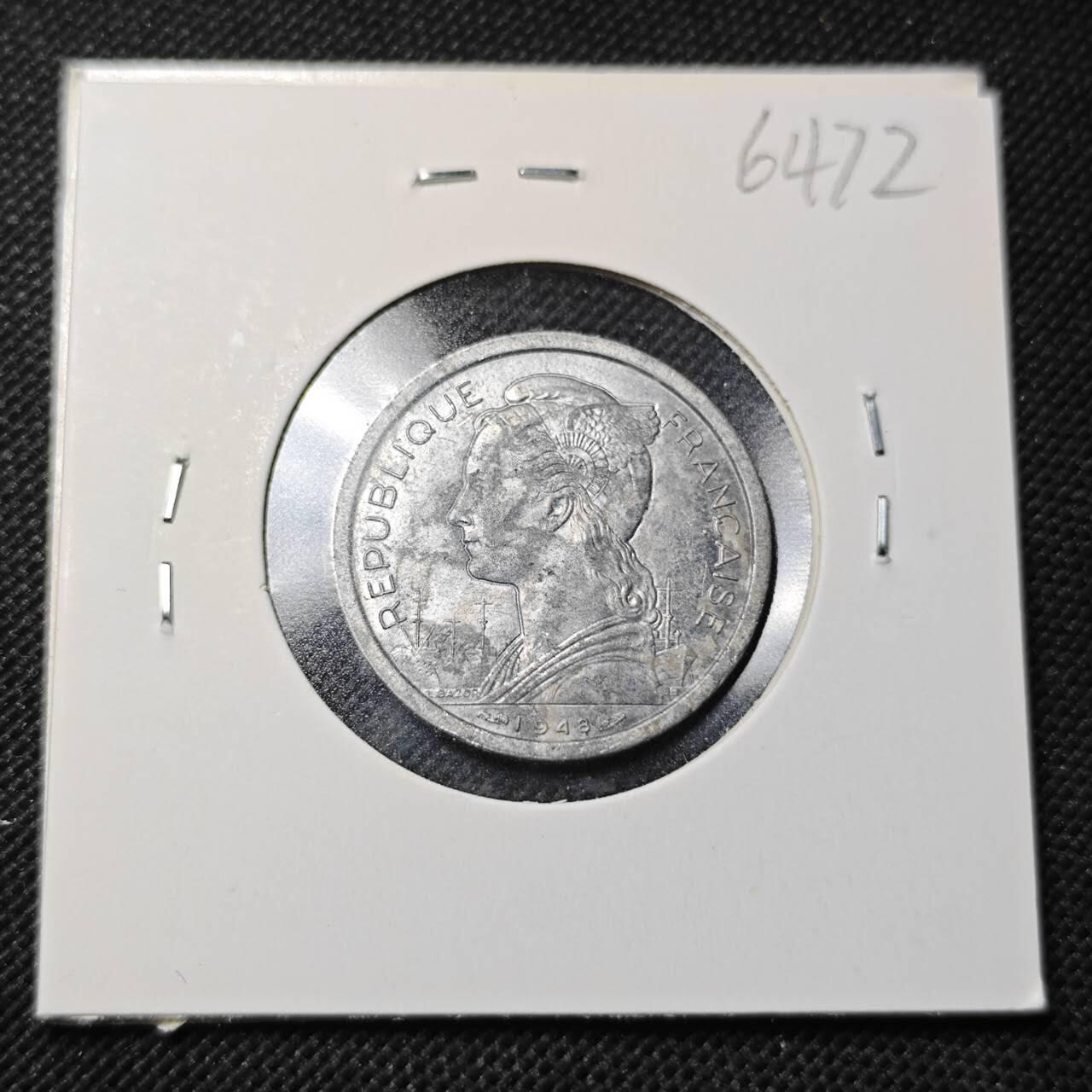 KK钱币收藏小铺  第364场  2月预留时间 周末发货  法属留尼旺1法郎