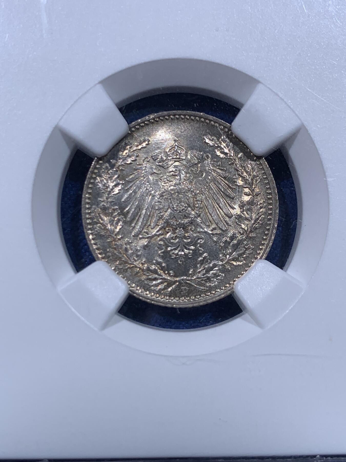 《竞宝斋》第435场 周日，周一2场连拍 （全场包邮） NGC MS67 德国1918年1/2马克银币 D厂铭，顶级品相，稀少标签，盒子四角有划痕