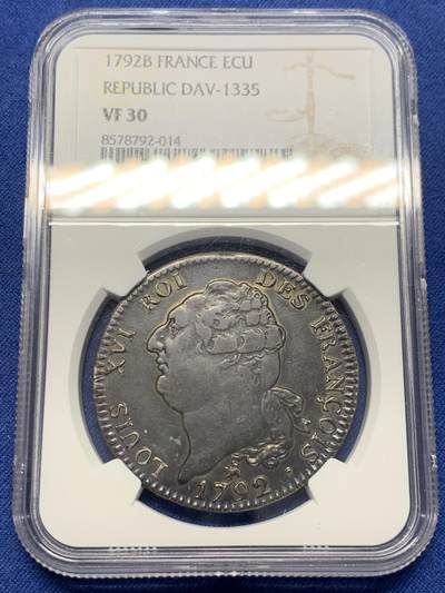 《竞宝斋》第435场 周日，周一2场连拍 （全场包邮） - NGC VF30 法国1792B路易十六天使埃居 通体黑金彩包浆 无减重 实物好于分数 难得品相