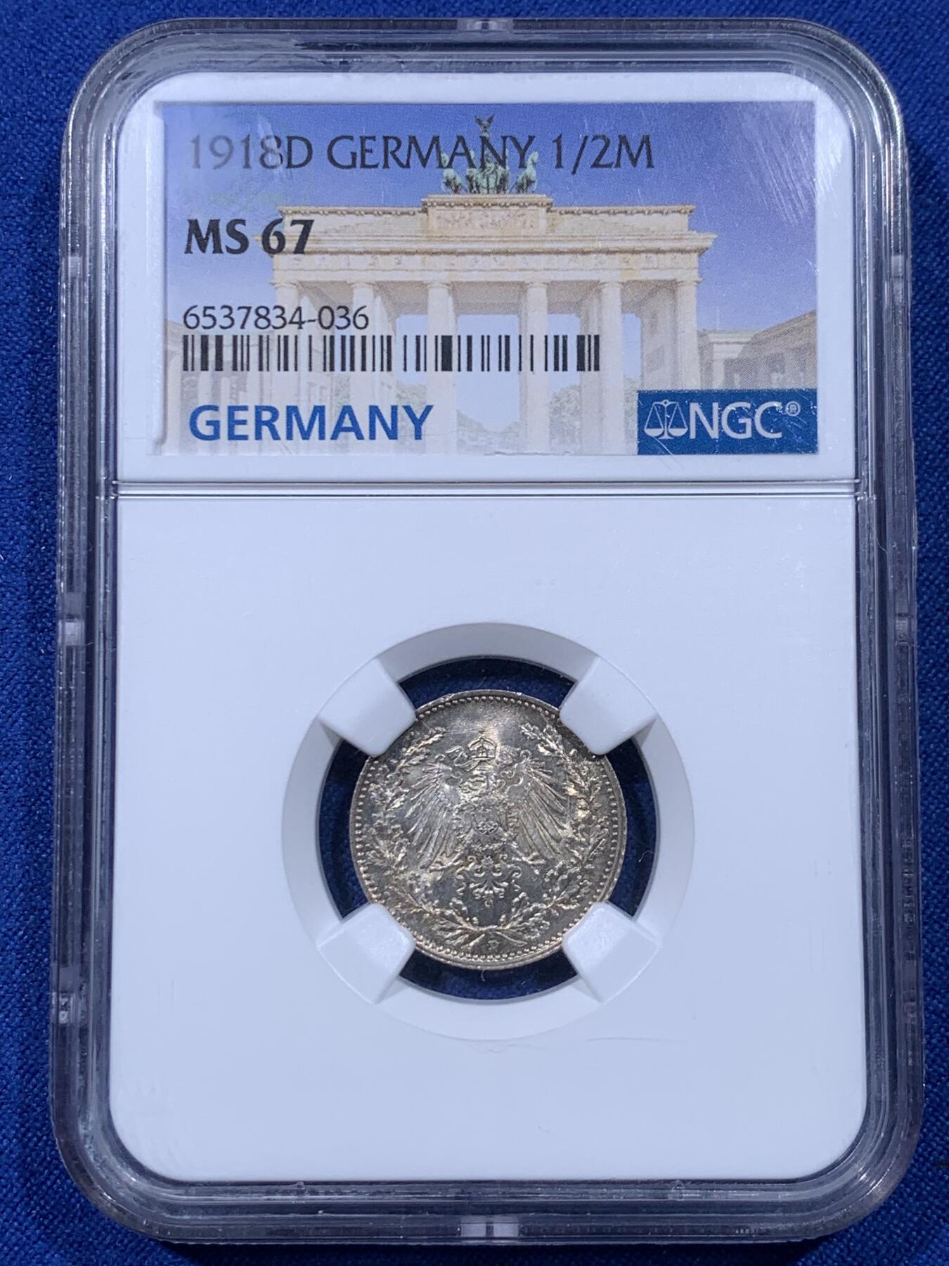 《竞宝斋》第435场 周日，周一2场连拍 （全场包邮） NGC MS67 德国1918年1/2马克银币 D厂铭，顶级品相，稀少标签，盒子四角有划痕