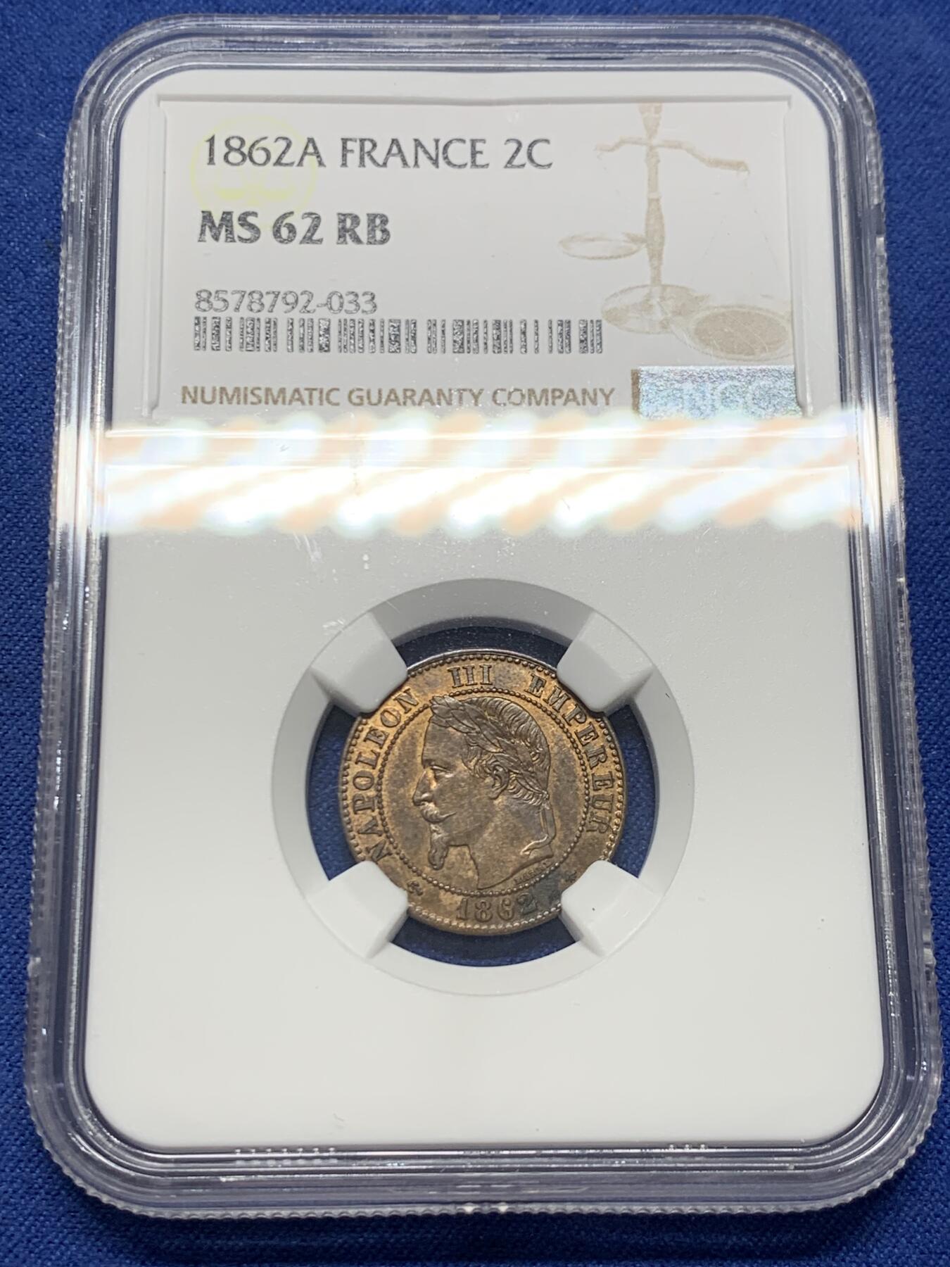 《竞宝斋》第435场 周日，周一2场连拍 （全场包邮） NGC MS62RB 1862年法国拿三2分铜币 稀少