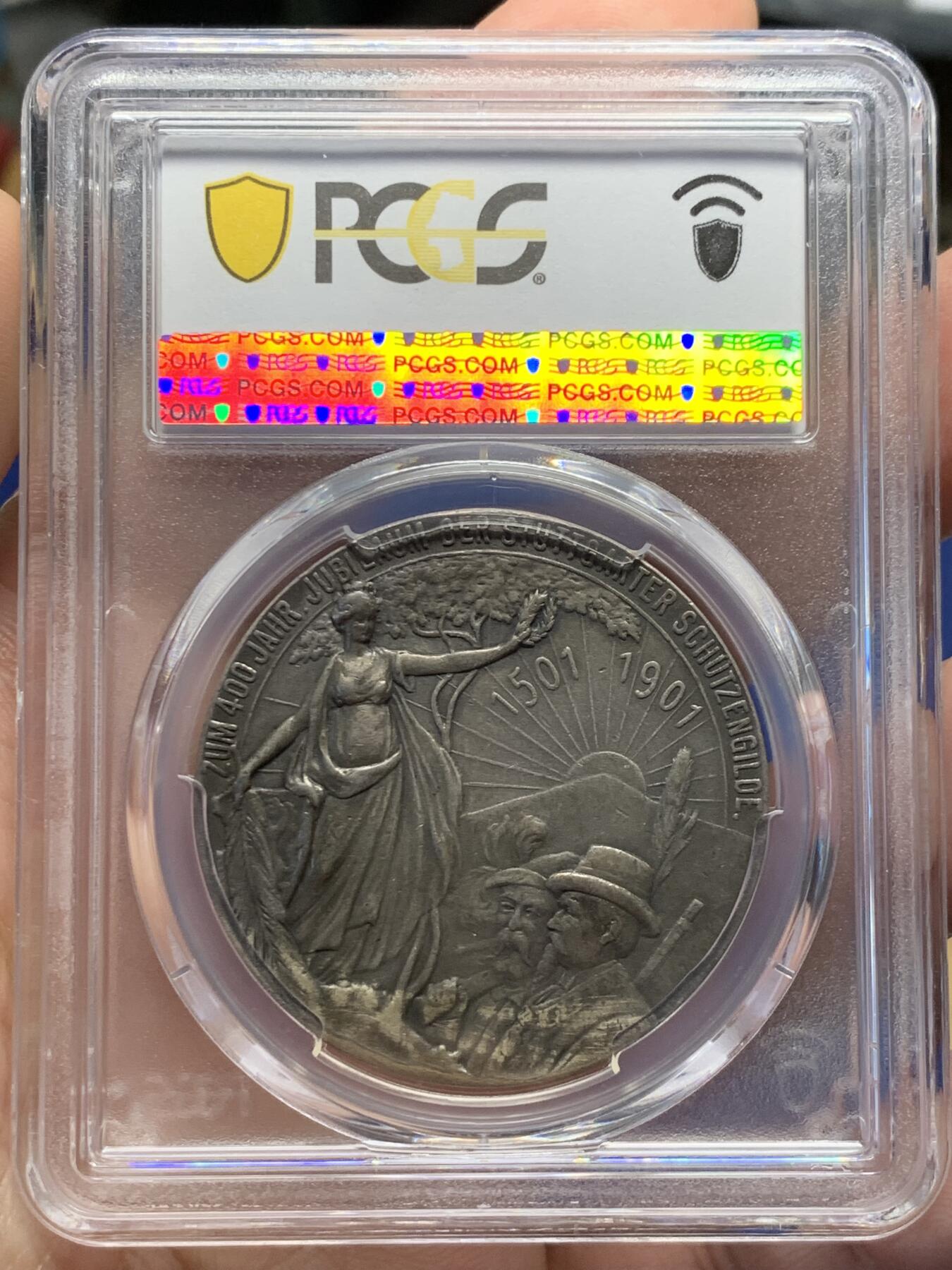 《竞宝斋》第435场 周日，周一2场连拍 （全场包邮） PCGS AU53 德国 符腾堡 1901年 斯图加特步枪协会成立400周年纪念银章 正面为国王和符腾堡公爵头像 整体雕刻细腻 少见的品种