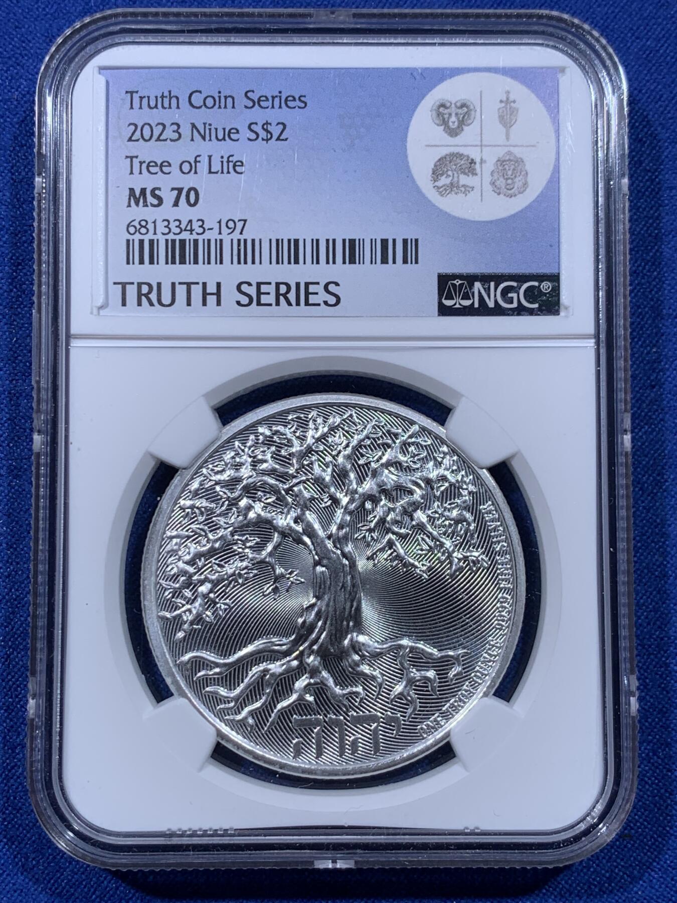 《竞宝斋》第435场 周日，周一2场连拍 （全场包邮） NGC MS70 纽埃2023年生命之树银币，9999银，31.1克，国内稀缺。