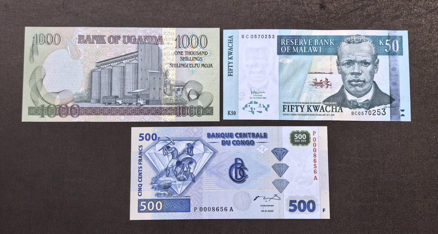 北京马甸外国币专卖第146期，外国纸币币专场，陆续上拍，欢迎关注 全新：民主刚果500法郎纸币 。马拉维50克瓦查 ，一共5张。哥伦比亚10。乌干达1000先令。厄瓜多尔20。