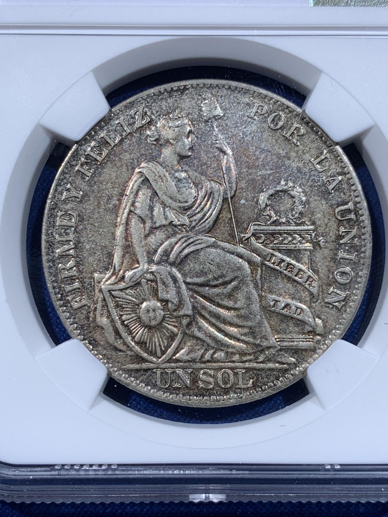 《竞宝斋》第435场 周日，周一2场连拍 （全场包邮） NGC AU55 秘鲁1934年一索尔坐人银币，淡彩美品，好状态。