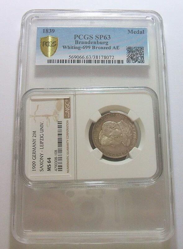 【旋风钱币】11月8日19:00准时开拍 精美欧洲币章、银币银章、第三帝国钱币等 全场包邮！ 【艺术】超大盒PCGS SP63 德国艺术大章1839年 普鲁士新教改革三百年高浮雕精制大铜章 样章