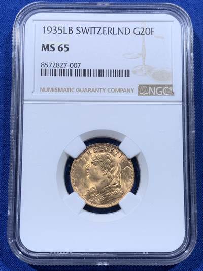 《竞宝斋》第435场 周日，周一2场连拍 （全场包邮） - NGC MS65 瑞士1935年20法郎金币，900金，6.45克，转光丝滑，适合入手。