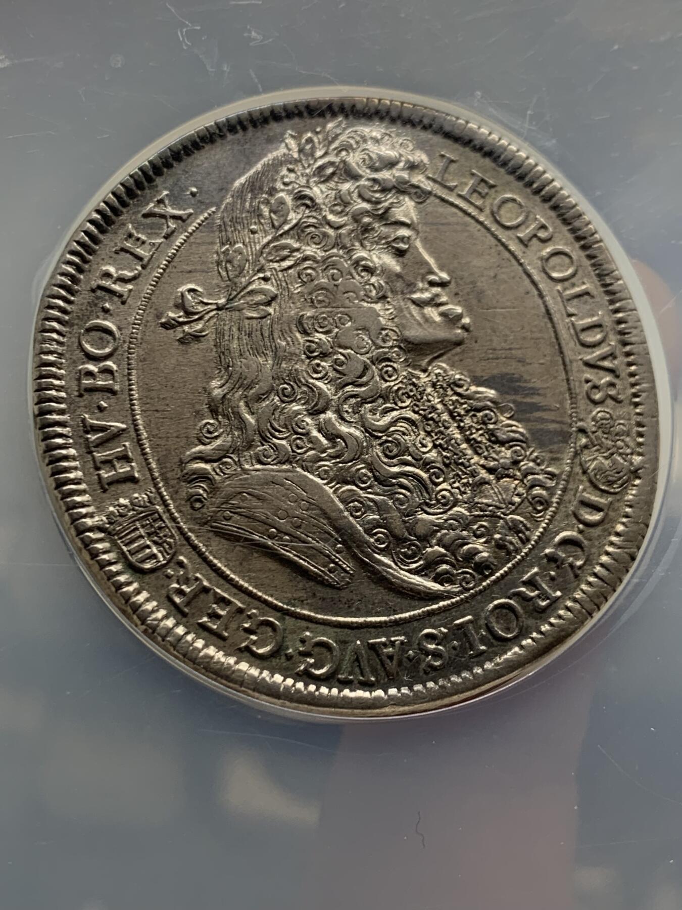 《竞宝斋》第435场 周日，周一2场连拍 （全场包邮） NGC AU58 神圣罗马帝国 1691 稀少匈牙利版 利奥博德一世大泰勒 超常规尺寸大盒封装 大波浪经典品种