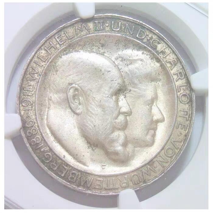 【银】NGC UNC 德国符腾堡1911年 威廉二世银婚3马克银币 开卷原光