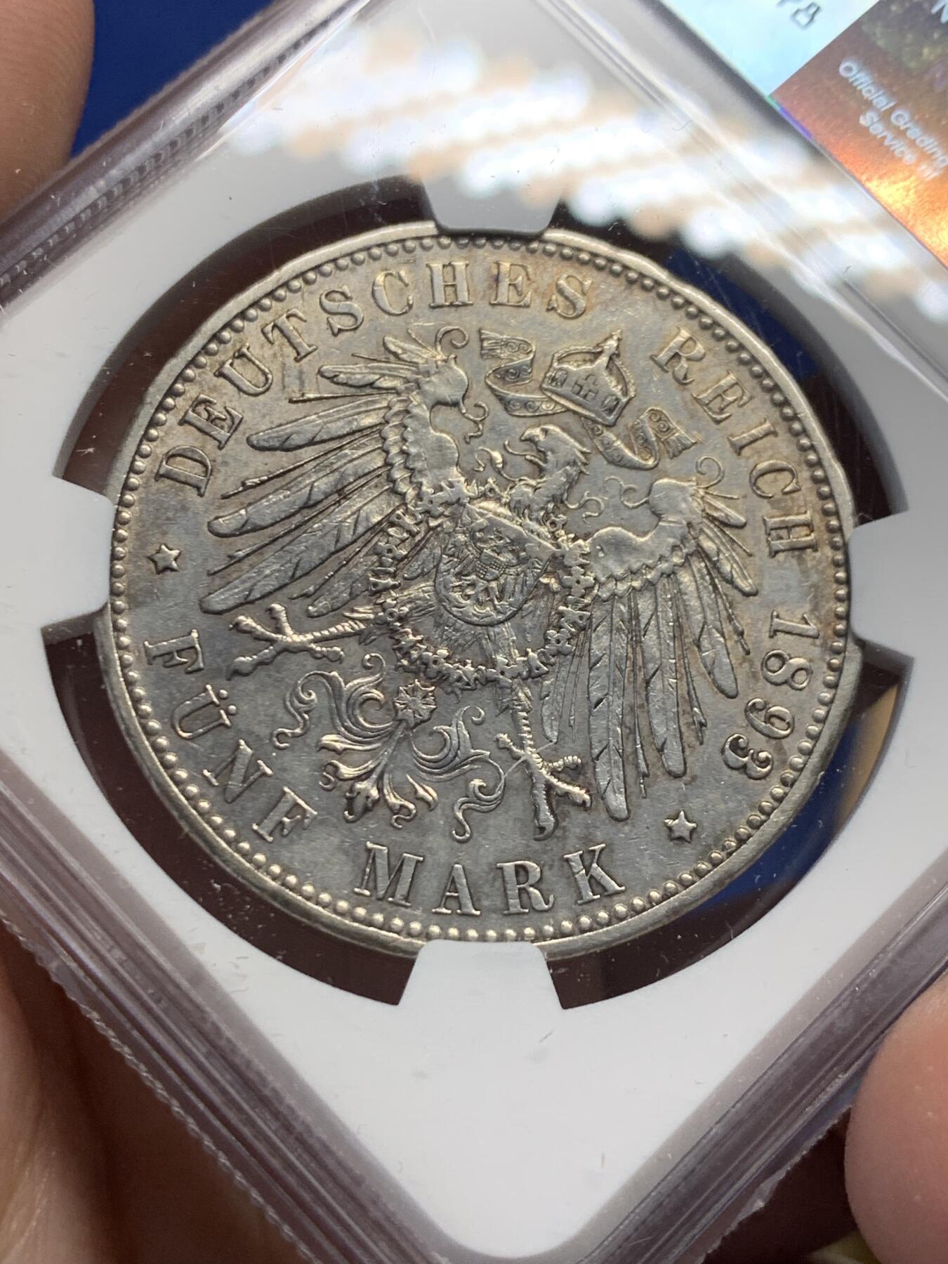 《竞宝斋》第435场 周日，周一2场连拍 （全场包邮） NGC AUD 德国 巴伐利亚 1893年 奥托一世 5马克 银币