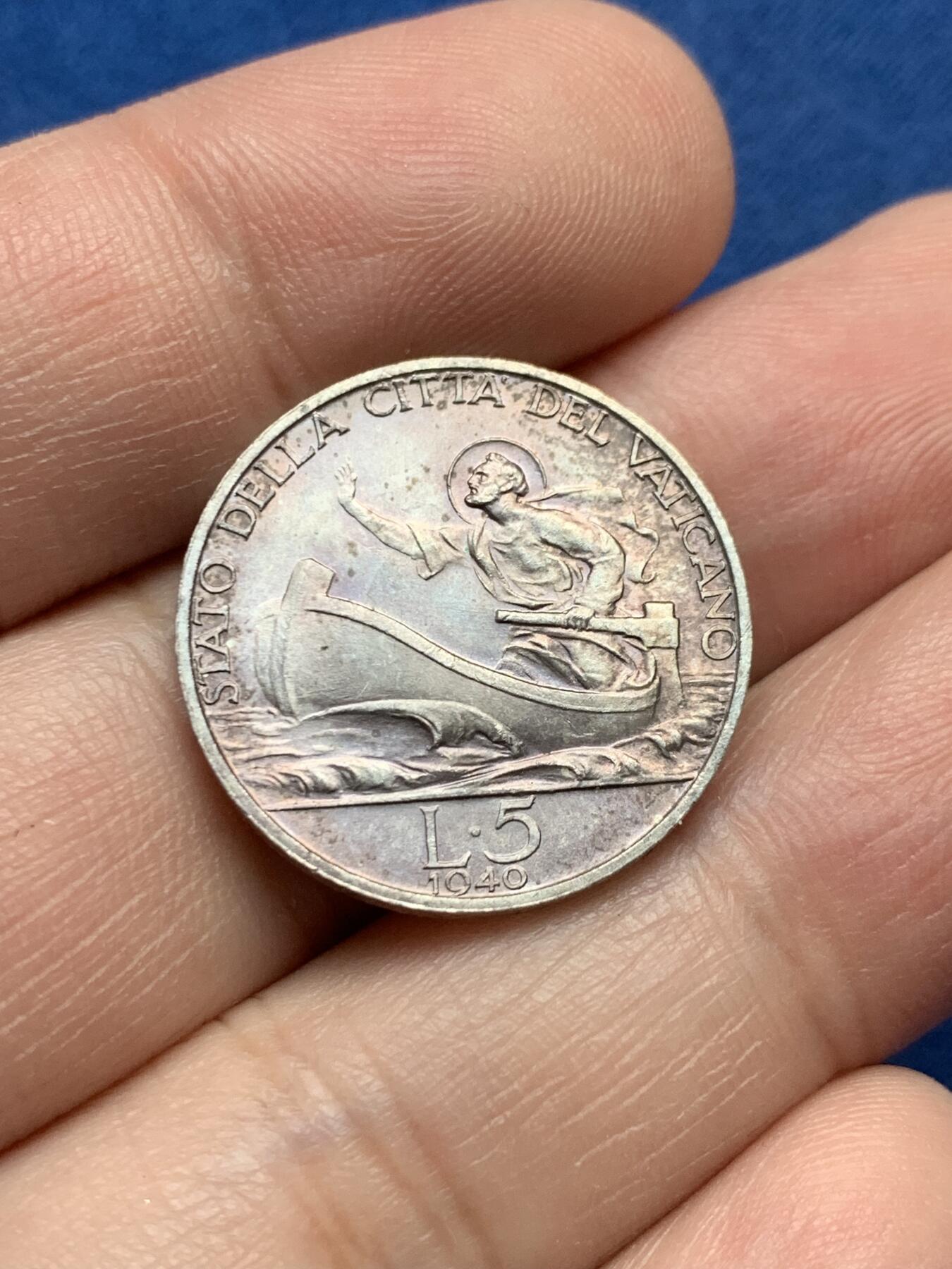 《竞宝斋》第435场 周日，周一2场连拍 （全场包邮） 1940年意大利梵蒂冈庇护十二世5里拉银币 稀少年份。