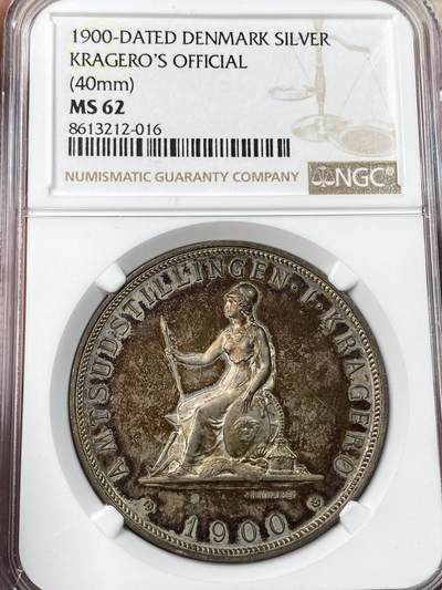 万国钱币拍卖第054期 - NGC MS62 1900年丹麦克里斯蒂安九世农业奖励纪念大银章 罕见丹麦女神纪念丰收大银章 高浮雕火烧云包浆 罕见北欧未签名大银
