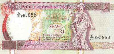 小福收藏拍卖第197期 裸钞场 本期有多张豹子号靓号 百慕大03年50元纪念钞百位号 马来亚和英属婆罗洲开国第一张纸币大冠女王 马来亚 41年1元英王乔六 法属太平洋10000法郎 捷克1000克朗纪念钞千位号  卢森堡 1000法郎  萨尔瓦多样钞 匈牙利 法罗群岛 危地马拉等多国精美纸币 - 马耳他 1967（1994）年 2里拉 无47 豹子号888 unc