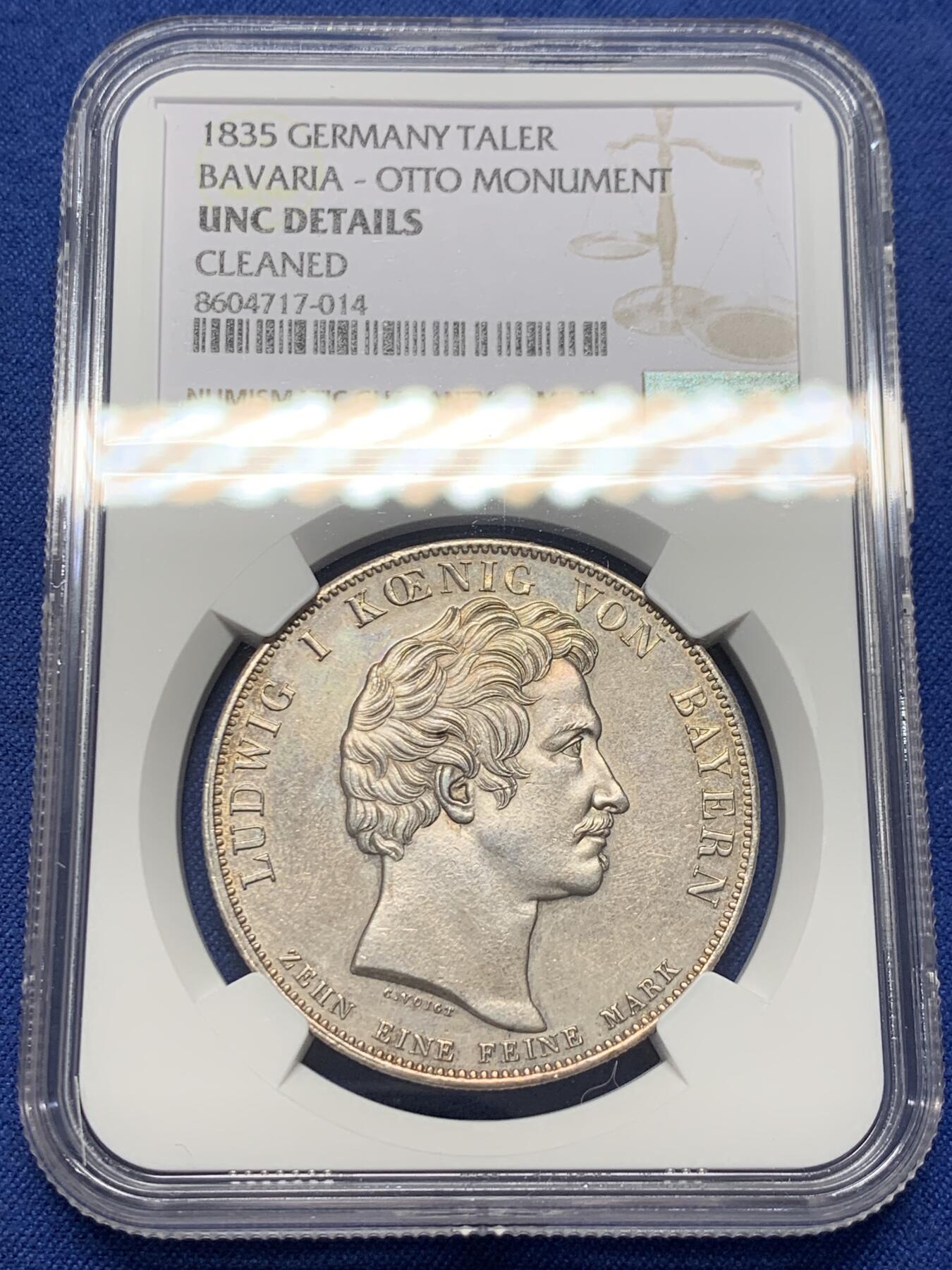 《竞宝斋》第435场 周日，周一2场连拍 （全场包邮） NGC UNC 德国 1835 巴伐利亚路德维希一世奥托纪念碑历史泰勒 为纪念奥托王子出任希腊国王所建纪念碑而发行 比较少见的历史系列 状态很不错，值得入手