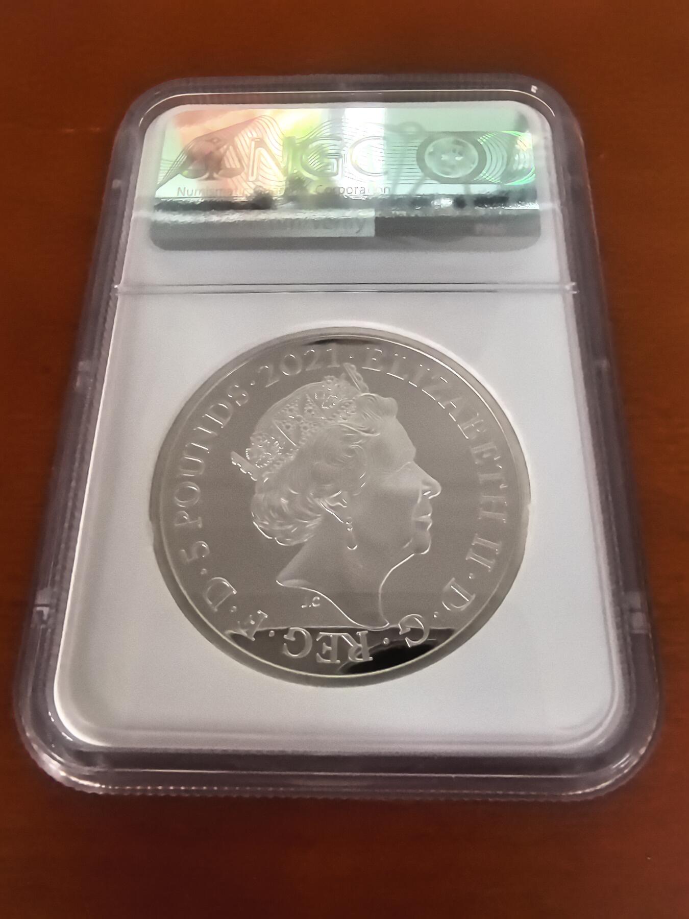 长老汇蛇年精选第七十场拍卖 2021英国皇家阿尔伯特音乐厅150周年5英镑精制加厚银币，56.56克925银，NGC PF70UC，首期标