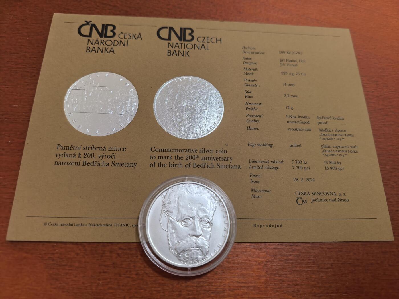 长老汇蛇年精选第七十场拍卖 2024捷克音乐家斯美塔那200克朗银币，13克925银，带证书，7700枚