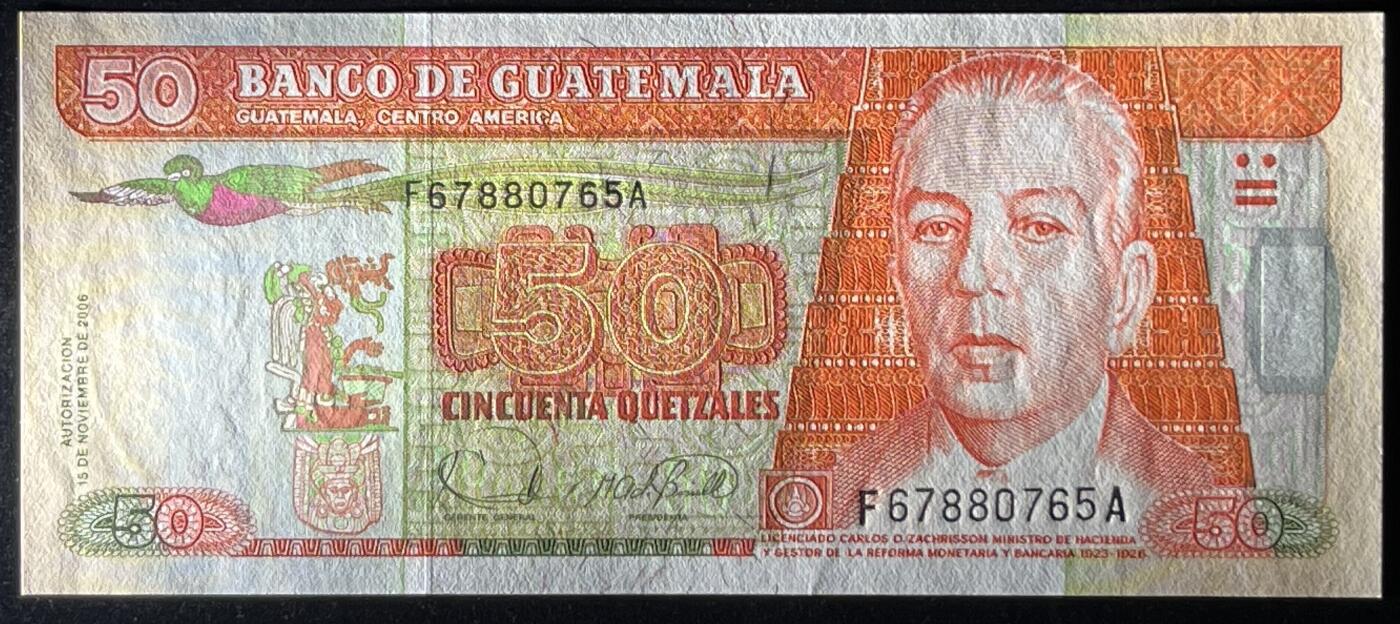 小福收藏拍卖第197期 裸钞场 本期有多张豹子号靓号 百慕大03年50元纪念钞百位号 马来亚和英属婆罗洲开国第一张纸币大冠女王 马来亚 41年1元英王乔六 法属太平洋10000法郎 捷克1000克朗纪念钞千位号  卢森堡 1000法郎  萨尔瓦多样钞 匈牙利 法罗群岛 危地马拉等多国精美纸币 危地马拉 2006年 50格查尔 该版首发年 尾顺子 unc