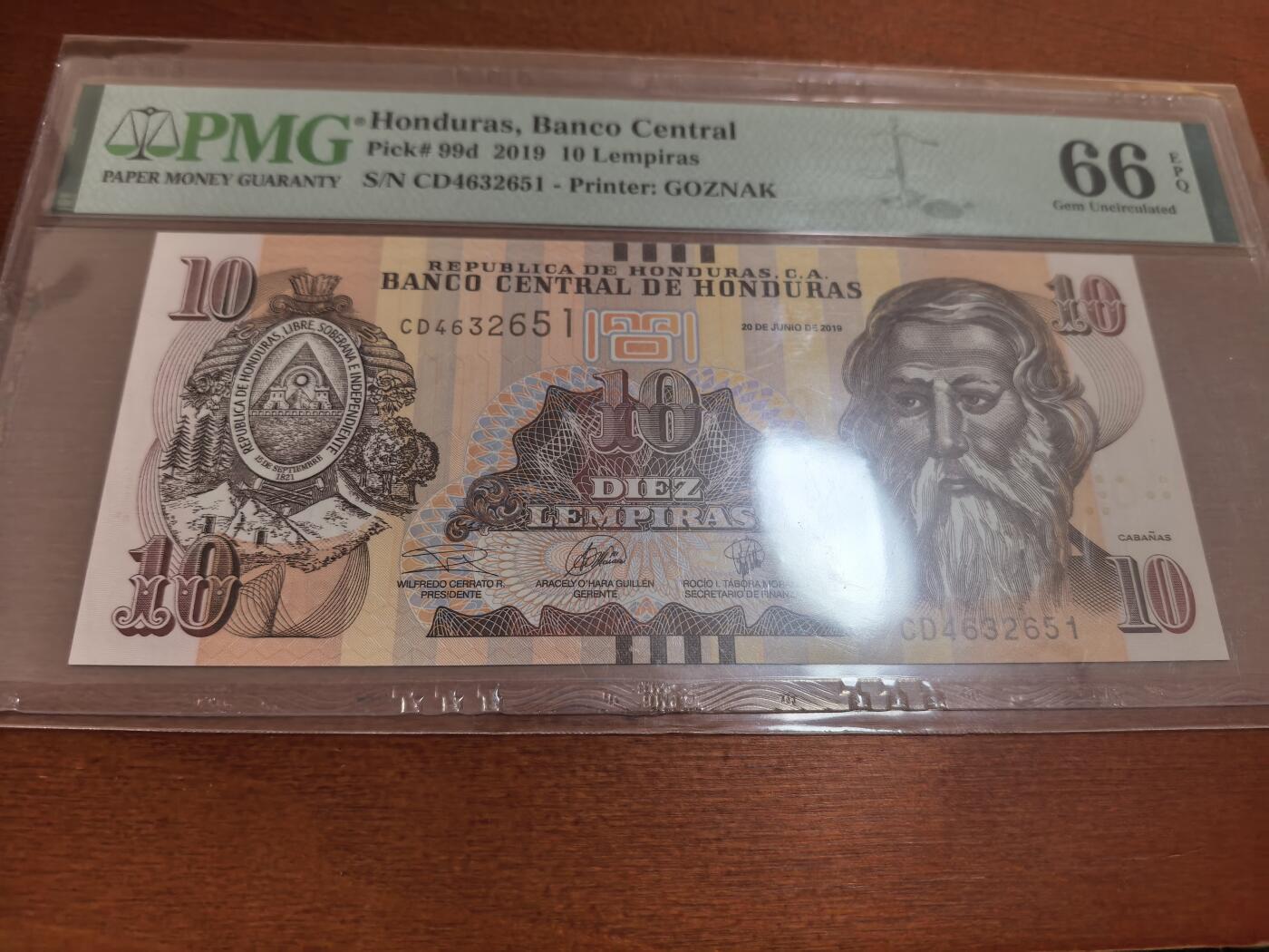 长老汇蛇年精选第七十场拍卖 2019洪都拉斯10伦皮拉斯纸钞，PMG 66，亚军，更高8枚