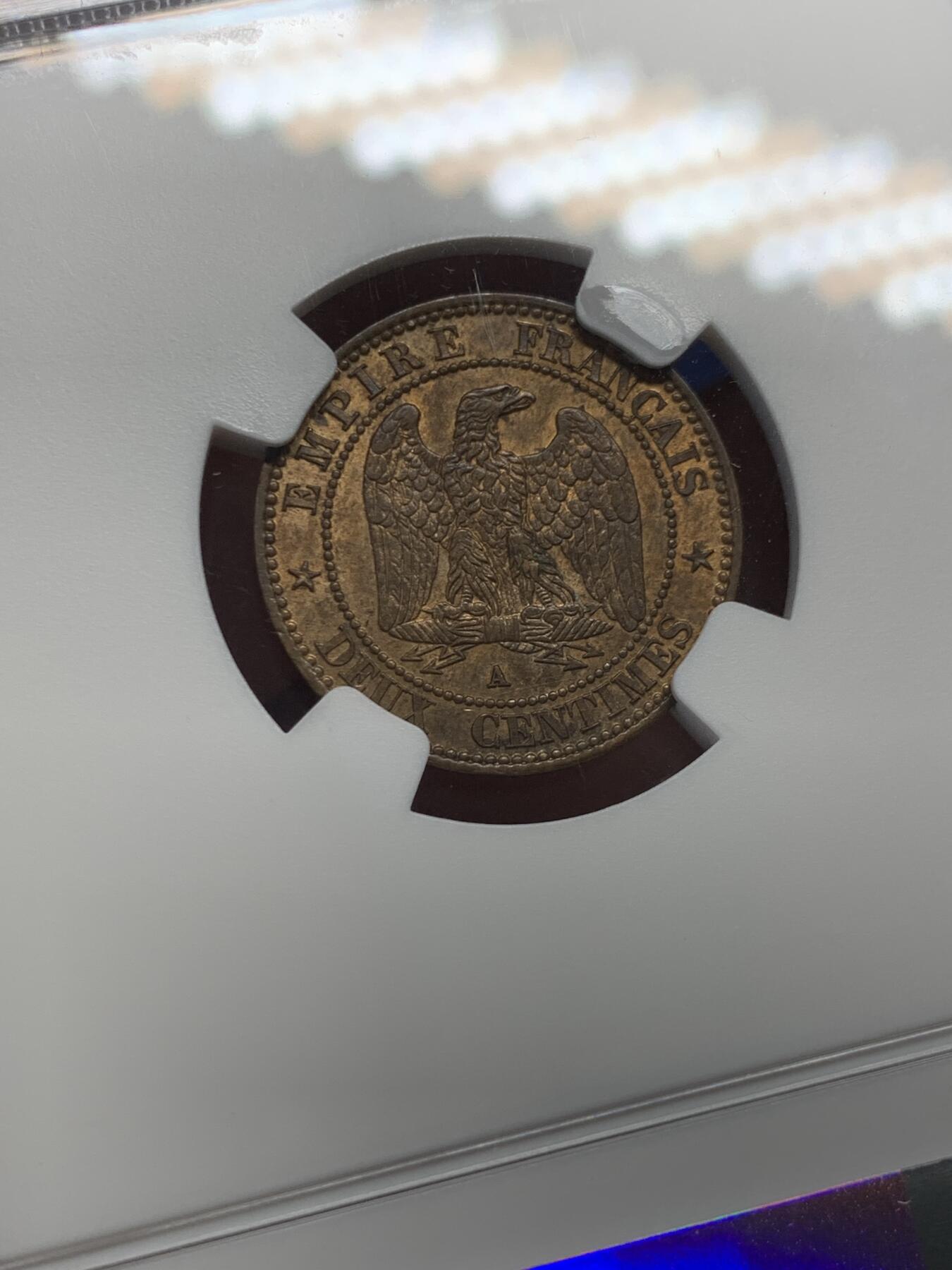 《竞宝斋》第435场 周日，周一2场连拍 （全场包邮） NGC MS62RB 1862年法国拿三2分铜币 稀少