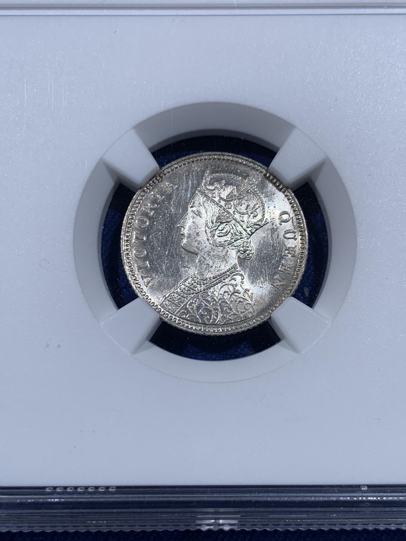 《竞宝斋》第435场 周日，周一2场连拍 （全场包邮） NGC MS62 英属印度1862年维多利亚女王1/4卢比银币  少见小面值卢比，车轮原光底板，观感极佳