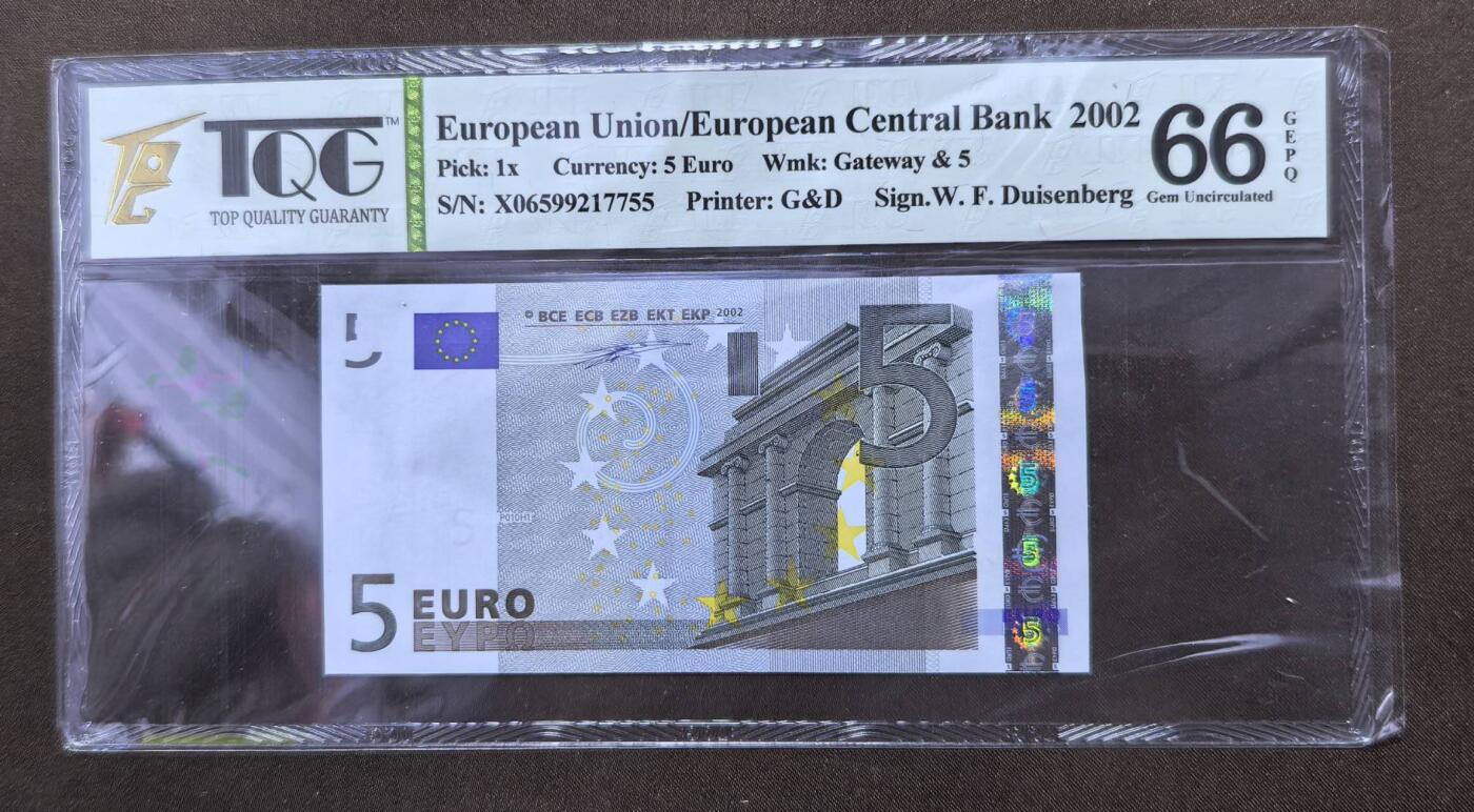 北京马甸外国币专卖第146期，外国纸币币专场，陆续上拍，欢迎关注 2002年德国首版一签5欧元纸币全新。TQG评级66分
