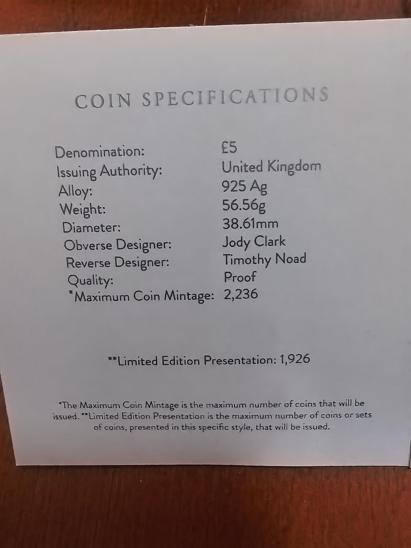 长老汇蛇年精选第七十场拍卖 2021英国伊丽莎白二世95寿诞5英镑精制加厚银币，56.56克925银，盒证全，1926枚