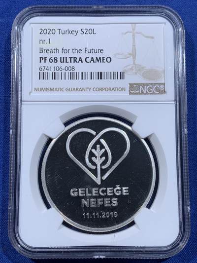 《竞宝斋》第435场 周日，周一2场连拍 （全场包邮） - NGC PF68UC 土耳其2020年呼吸未来主题-国家植树日20里拉精制银币，31.1g，925银，发行量3000枚。