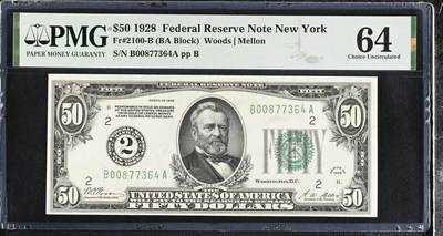 《外钞收藏家》第五百八十一期（畅拍场）（本平台长期征集拍品、欢迎藏友们联系合作） - 美国1928年数字版50美元【可兑换金币 小票幅首发版】 PMG64。该数字版的B2纽约区的各面额钞票存世量极少 是众多收藏者难遇的区间 并且价格一直高于其他同面额区间的钞票 海内外稀少珍品 错过难遇！