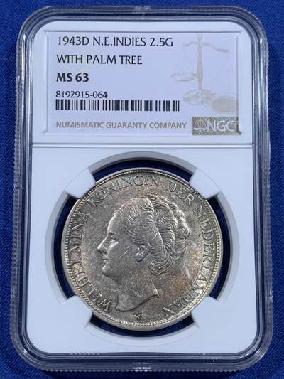 《竞宝斋》第435场 周日，周一2场连拍 （全场包邮） - NGC MS63 荷属东印度1943年D版威廉明娜2.5盾银币，原汁原味老包浆，包浆自然温润头发清晰，做工精细栩栩如生，味道币味道足，黄油彩锋利感十足，