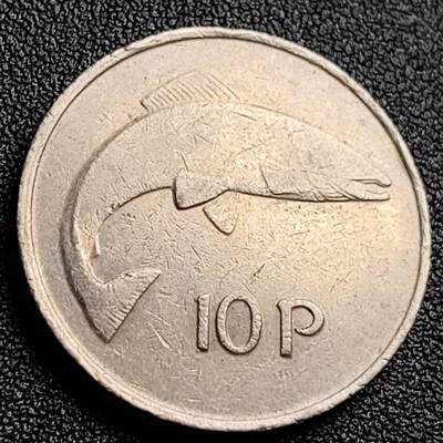 泉币菌-第123场-精品福利场(115场之后的本周末发货，感谢理解) - 爱尔兰1980年 10便士白铜硬币 竖琴鲑鱼 28.5毫米 