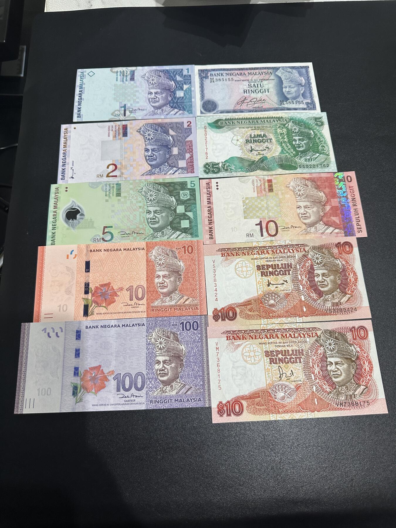 《外钞收藏家》第五百八十一期（畅拍场）（本平台长期征集拍品、欢迎藏友们联系合作） 马来西亚几个版本1-100林吉特10张一起 大部分全新 个别有瑕疵如图