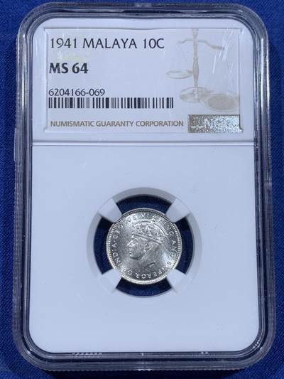 《竞宝斋》第435场 周日，周一2场连拍 （全场包邮） - NGC MS64 英属海峡1941年10分银币 马来亚 乔治六世 卷拆原光