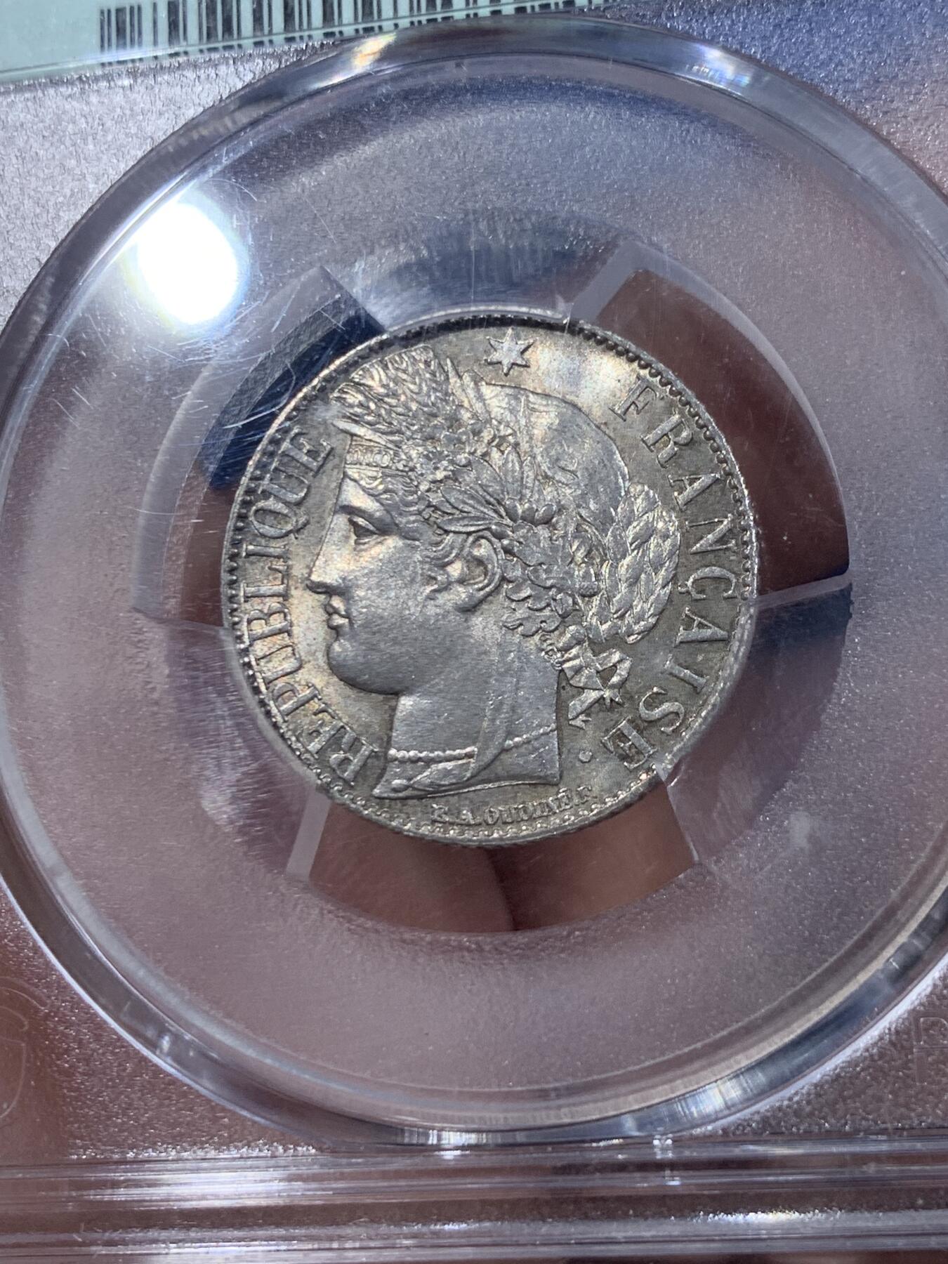 《竞宝斋》第435场 周日，周一2场连拍 （全场包邮） PCGS MS65 法国1888年谷物女神流通1法郎银币，1888吉祥发财年，收藏级超高分。女神脸颊丰满，头饰繁复华丽。35周年纪念小绿盒加持，错过难遇