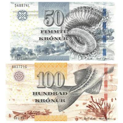 小福收藏拍卖第197期 裸钞场 本期有多张豹子号靓号 百慕大03年50元纪念钞百位号 马来亚和英属婆罗洲开国第一张纸币大冠女王 马来亚 41年1元英王乔六 法属太平洋10000法郎 捷克1000克朗纪念钞千位号  卢森堡 1000法郎  萨尔瓦多样钞 匈牙利 法罗群岛 危地马拉等多国精美纸币 - 法罗群岛 2011年 50+100克朗 1组2张 unc