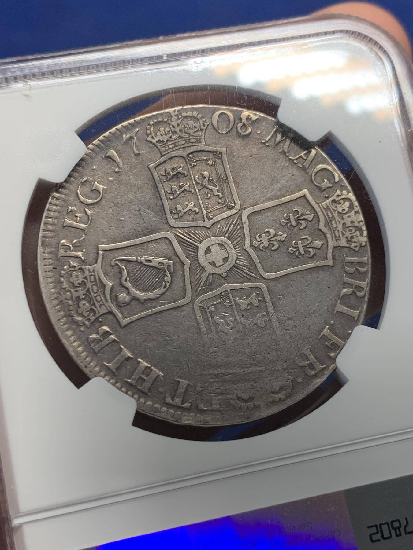 《竞宝斋》第435场 周日，周一2场连拍 （全场包邮） NGC VFD 英国 1708/7 稀少骑字E版安妮一克朗大银币 稀缺品种