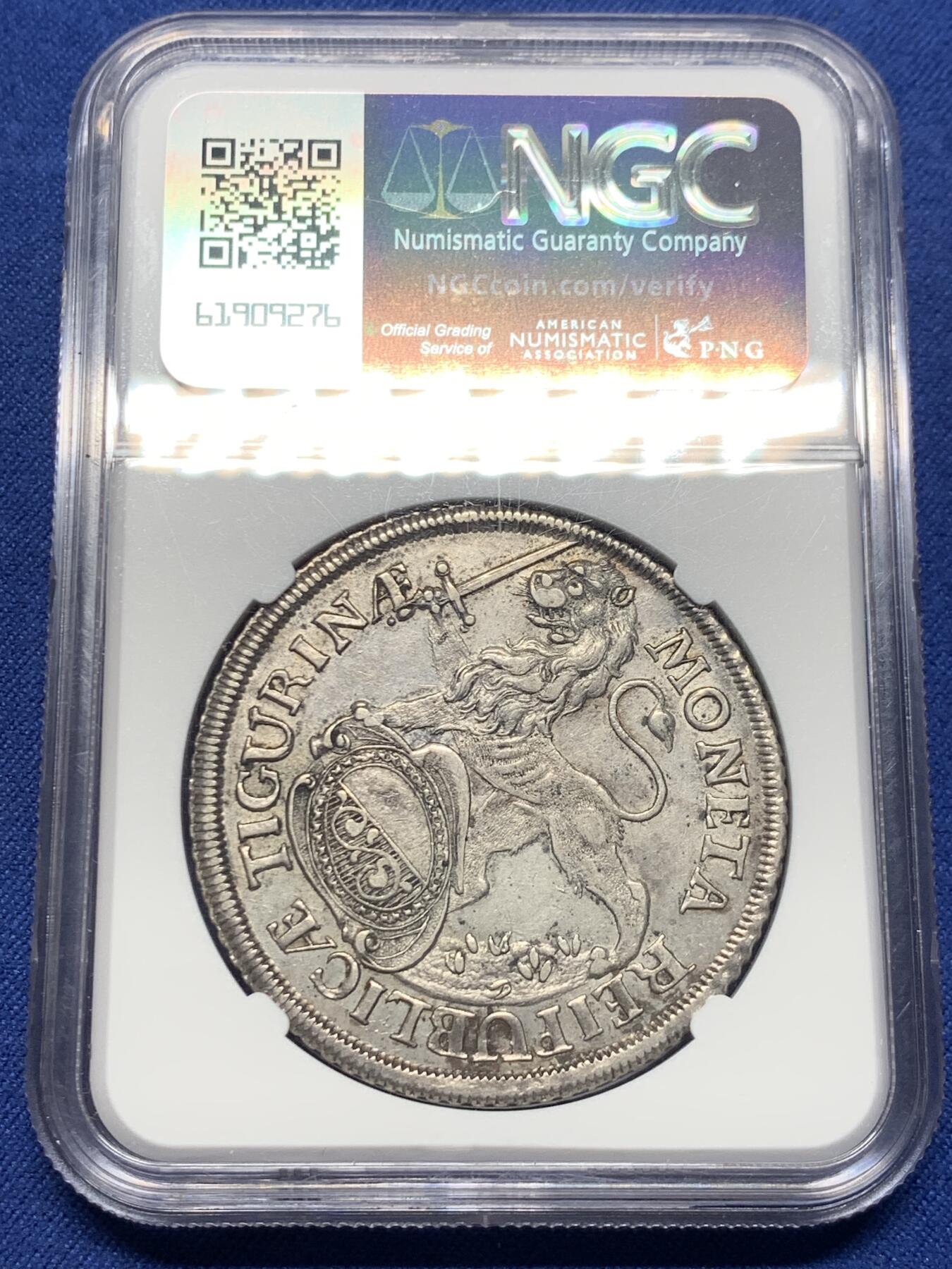 《竞宝斋》第435场 周日，周一2场连拍 （全场包邮） NGC AU55 瑞士1753年苏黎世城市景观泰勒，正面以俯视的视角展示了18世纪苏黎世的城市景观，细节出众，背面是威武的持剑狮子，季军分，更高分仅2枚，深打状态，值得珍藏