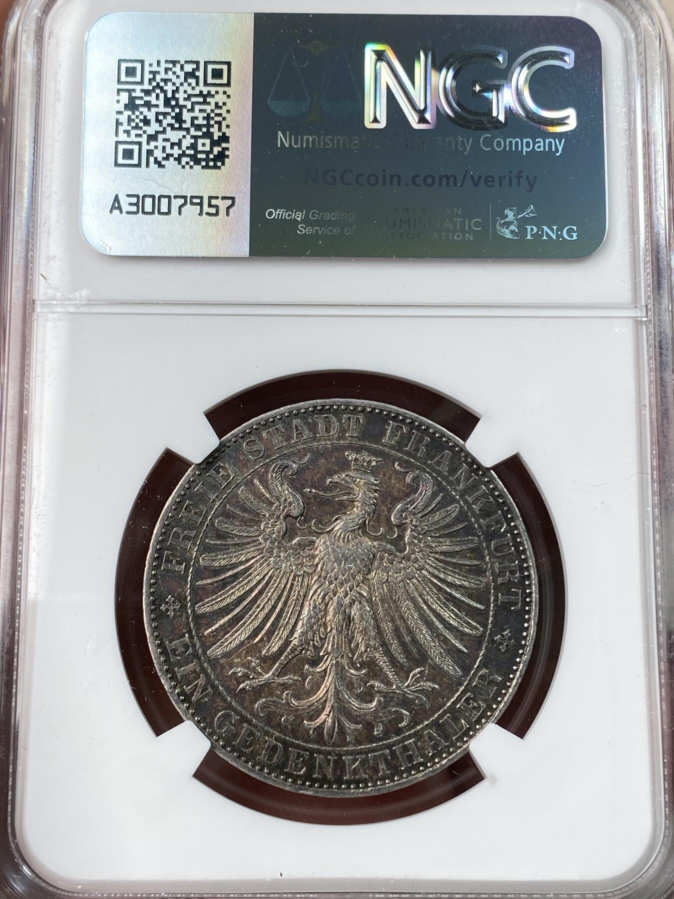 万国钱币拍卖第054期 NGC AU58 1863德国法兰克福自由市王子议会泰勒 经典景观品种 绚丽五彩状态难得