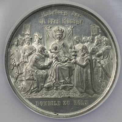 万国钱币拍卖第054期 - NGC MS62DPL 1880年德国圣城科隆大教堂竣工纪念大银镀银章 50MM 超炫深黑底板精制镜面 超高浮雕圣母与科隆大教堂相结合 德意志教堂章牌中顶级收藏品种