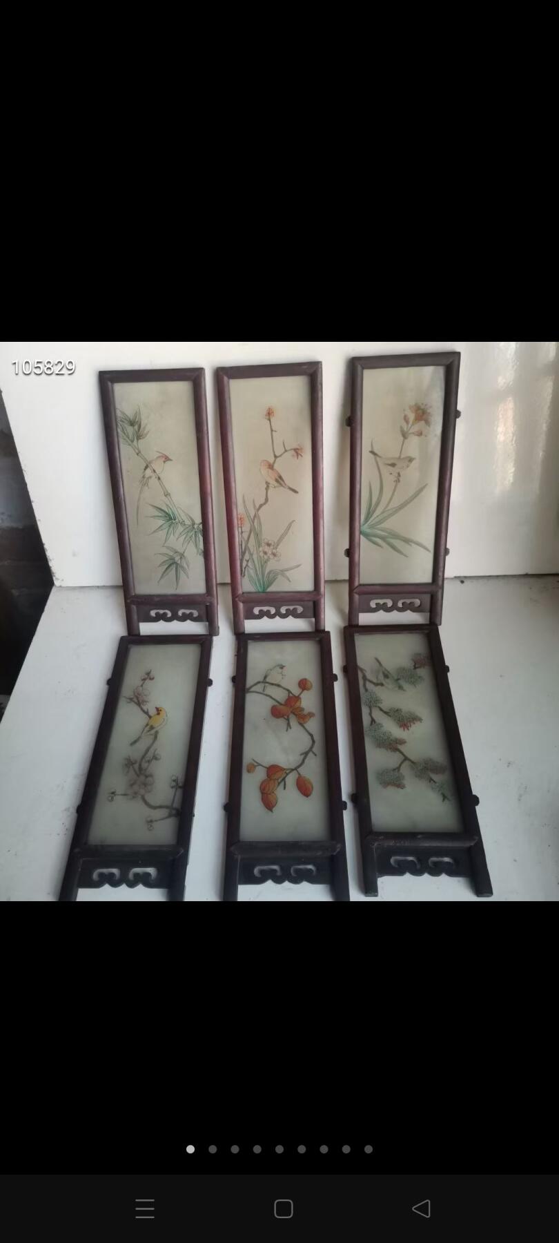 老物件六联小屏风！精美手绘花鸟图案，实木框装，每幅尺寸乘以24厘米  画面绘制竹子小鸟、梅花小鸟、兰花小鸟等，画工细腻生动！木质框架保存完