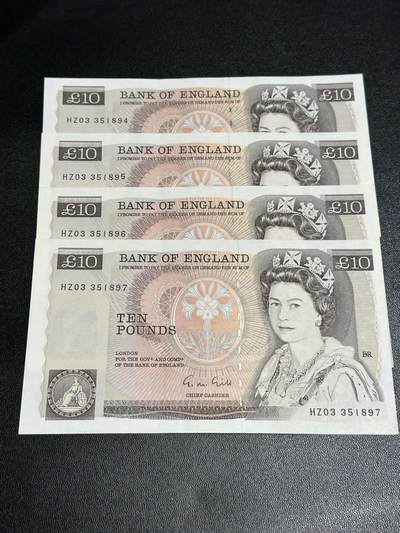 《外钞收藏家》第五百八十一期（畅拍场）（本平台长期征集拍品、欢迎藏友们联系合作） - 英国D序列10镑 四张一起 AU品相