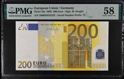 《外钞收藏家》第五百八十一期（畅拍场）（本平台长期征集拍品、欢迎藏友们联系合作） - 第三任行长签名 2002年 200欧元 长号码无347 大象尾号22222