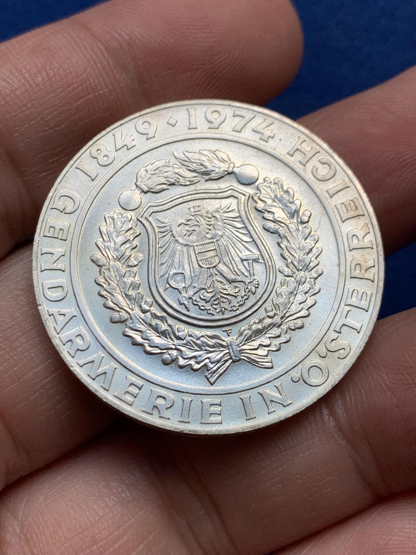 《竞宝斋》第435场 周日，周一2场连拍 （全场包邮） 奥地利 1974年 国家警察纪念125周年 50先令 银币 20克