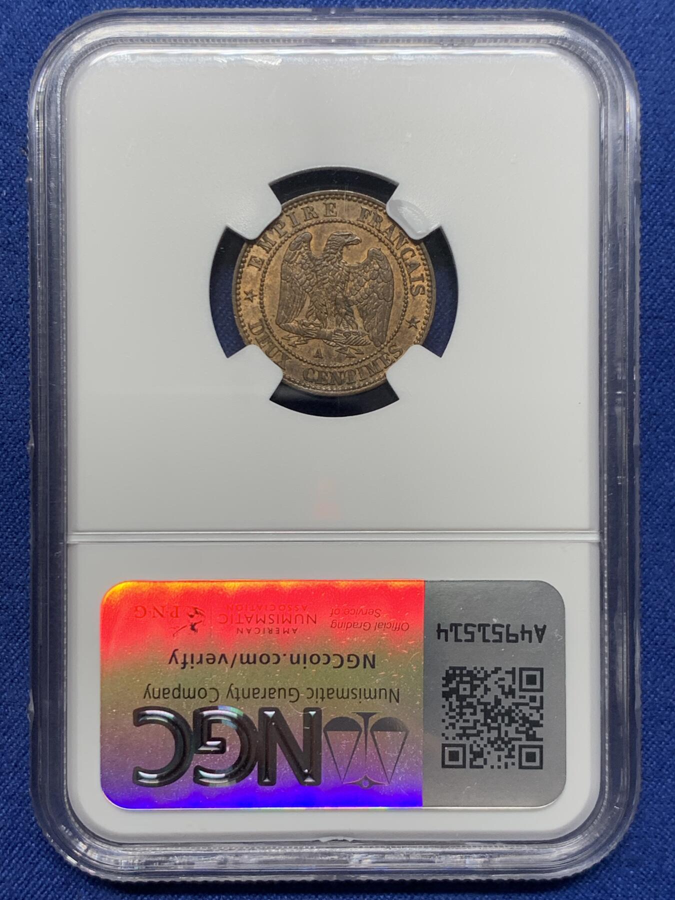 《竞宝斋》第435场 周日，周一2场连拍 （全场包邮） NGC MS62RB 1862年法国拿三2分铜币 稀少