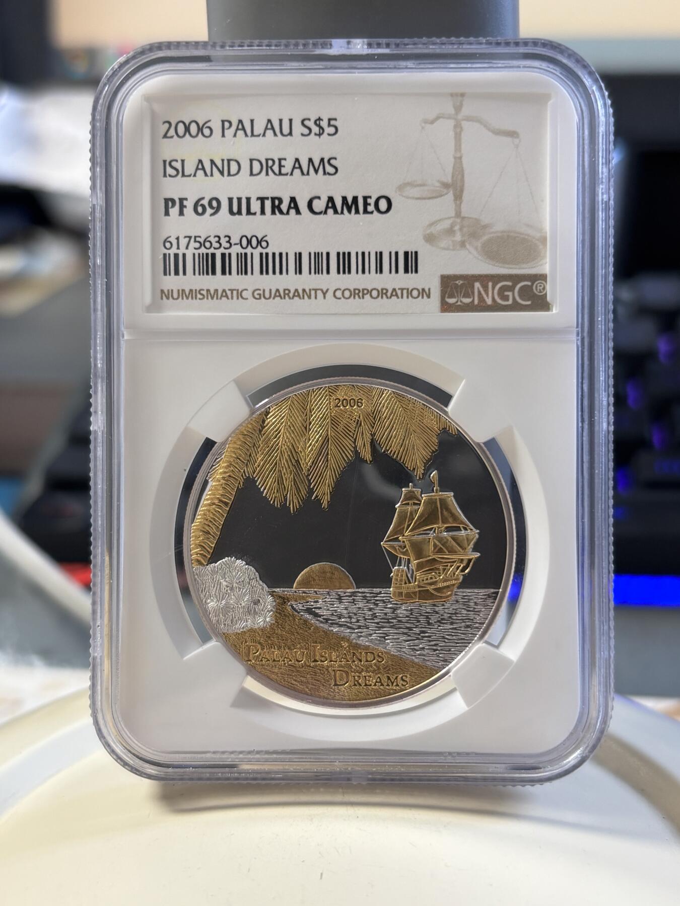 第181期拍卖 帕劳2006年美丽天堂海岛梦幻海滩镀金银币NGC-PF69无盒证书，925银，25克，发行500枚