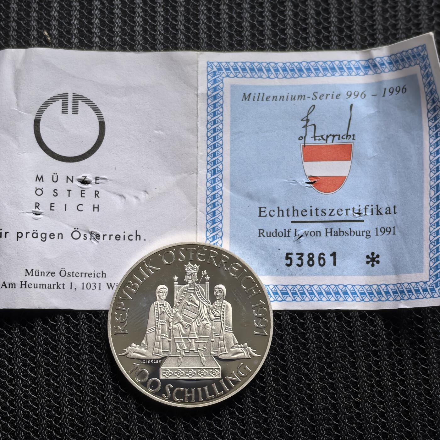 道一币馆币章第一百五十三场 带证书 奥地利1991年鲁道夫一世国王100先令精制银币