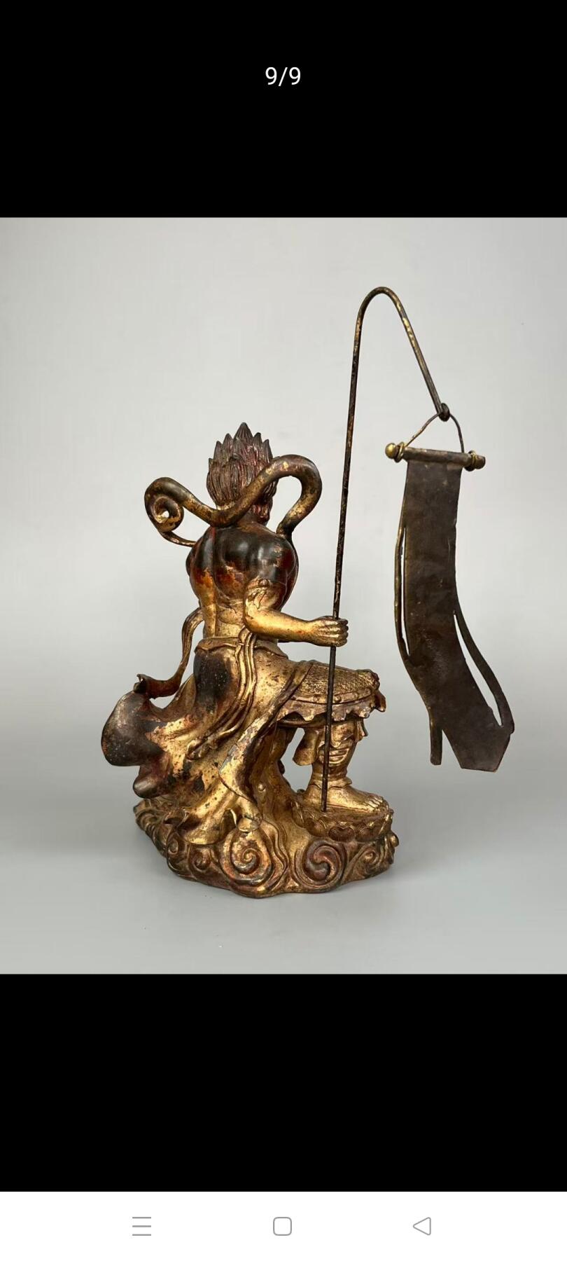 旧藏 【大士爷】铜胎漆金像，在佛门亦称面燃鬼王、焦面大士、焰口鬼王、面燃大士等，道门称其为“幽冥教主冥司面燃鬼王监斋使者羽林神”或“幽冥教主冥司面然鬼王甶孑大帝”，尊称普渡公。其司掌阴间地府并统管阳世亡灵，象征鬼魂统帅！