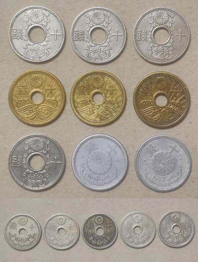 11月4日 🌏全球币章 - 较少品：大日本 10钱 共14种（拼接图，底排实物比例大一些）品相较好