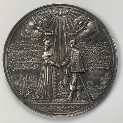 掌中浮雕-藏着的欧洲第040场 - 1641年奥兰治亲王威廉二世与英格兰公主玛丽一世大婚纪念银章。翻铸老仿，荷兰schulman拍卖会原始标签，银质，已测密度10.1，71mm，83g