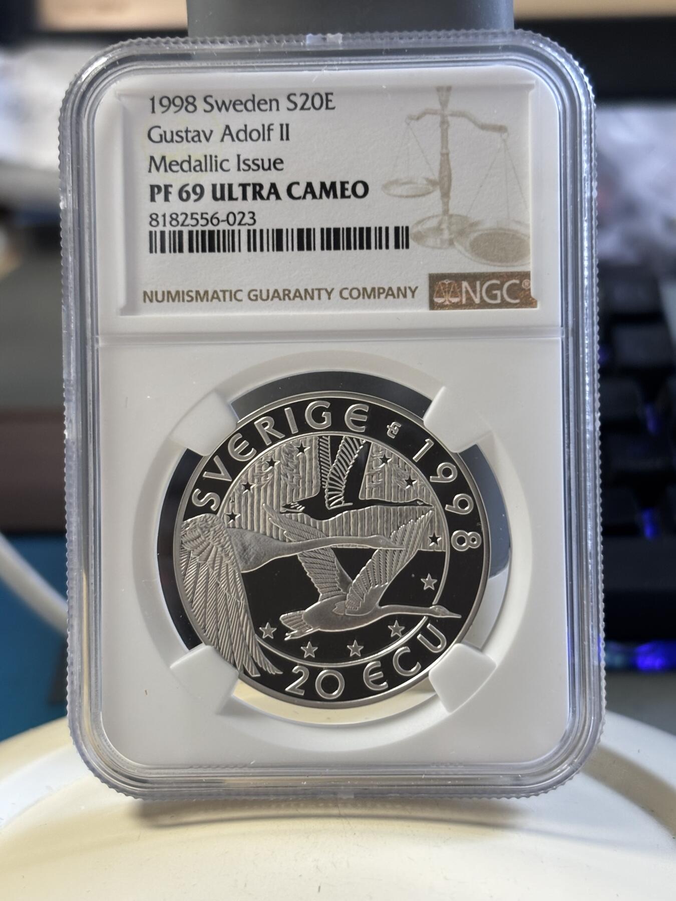 第182期拍卖 瑞典1998年20埃居 欧洲人物古斯塔夫阿道夫将军精制纪念银币NGC-PF69,27克，925银