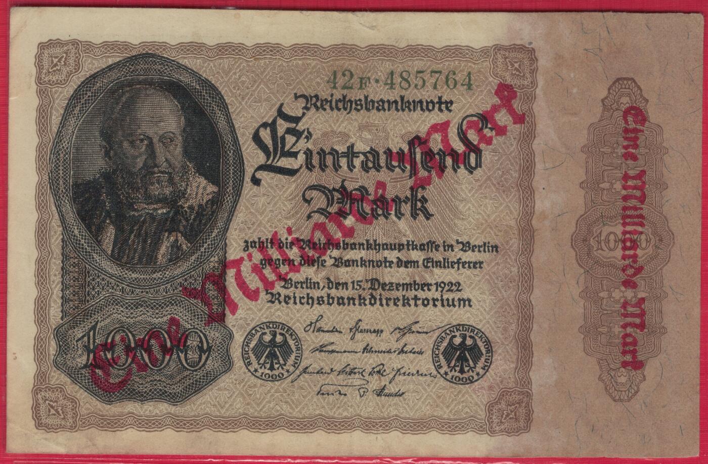 德国1922年(1923年)1000000000(10亿)马克 P-113a 实物图 八五品